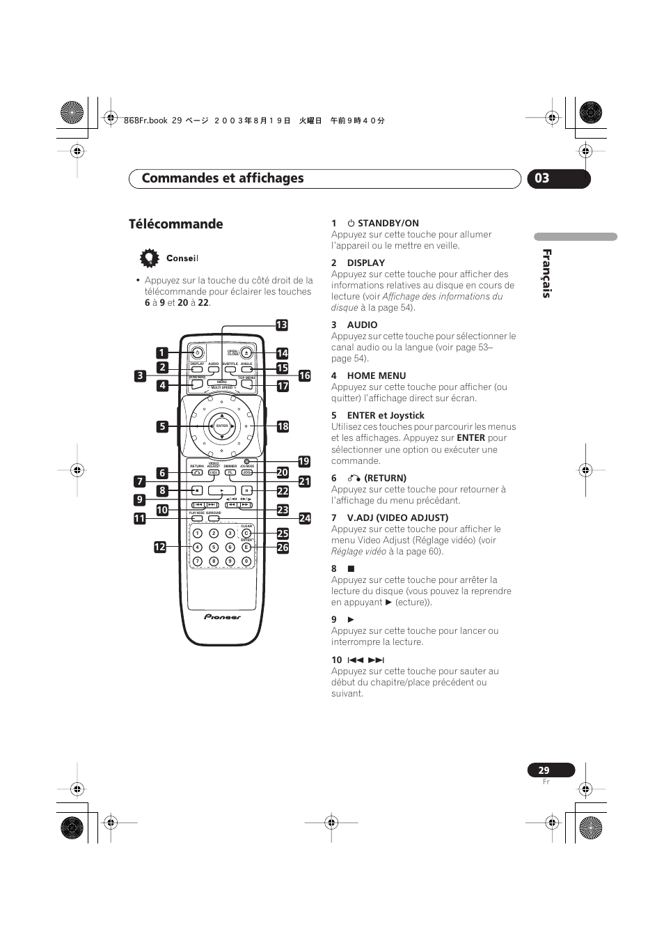 Télécommande, Commandes et affichages 03, Français | Pioneer DV-668AV-S User Manual | Page 29 / 208