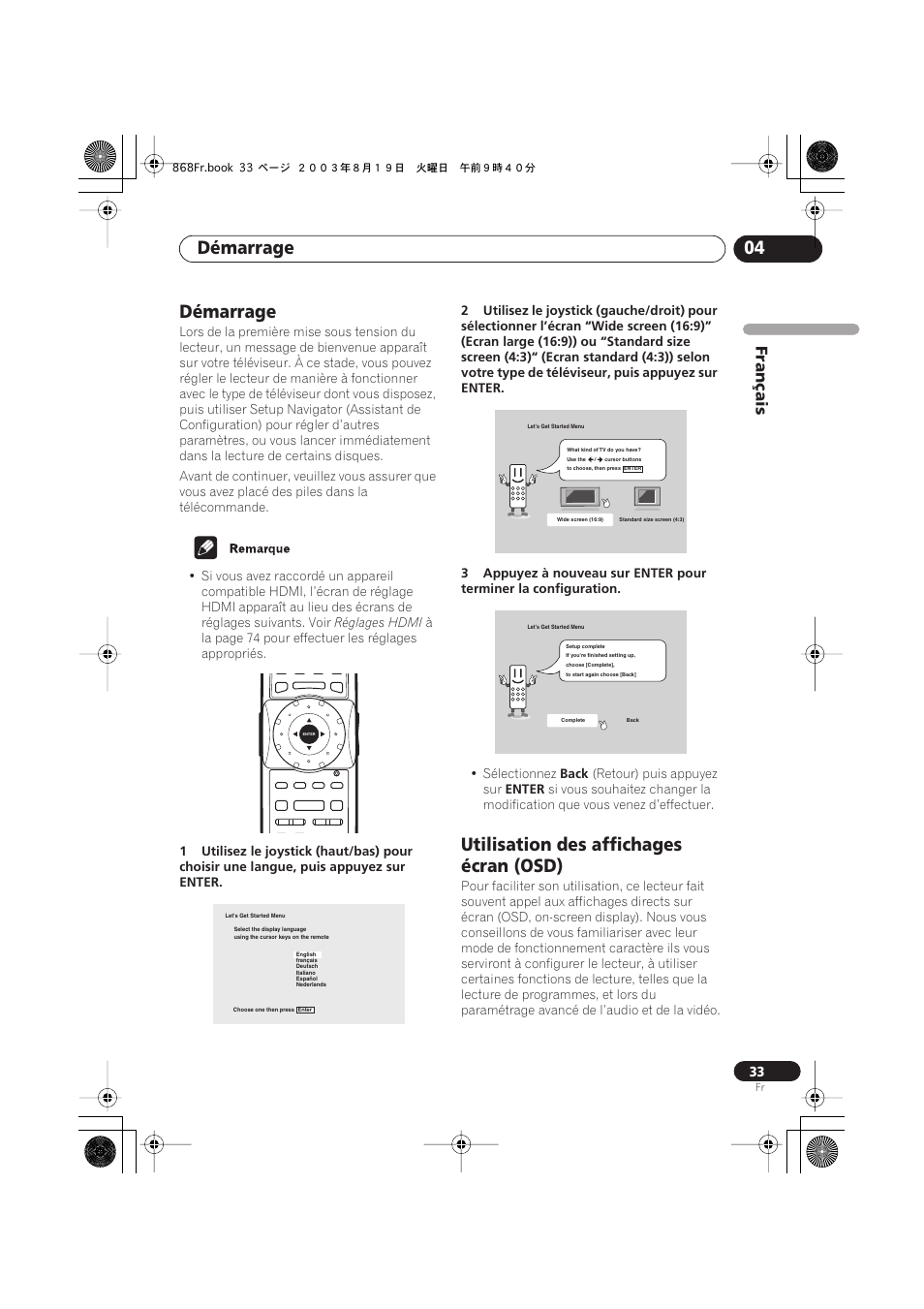 Démarrage, Utilisation des affichages écran (osd), Démarrage 04 | Français, Réglages hdmi, Àla page 74 pour effectuer les réglages appropriés, Sélectionnez, Back, Retour) puis appuyez sur, Enter | Pioneer DV-668AV-S User Manual | Page 33 / 208