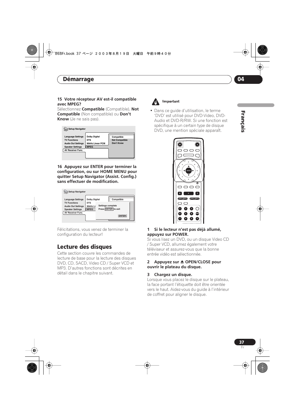 Lecture des disques, Démarrage 04, Français | 15 votre récepteur av est-il compatible avec mpeg, Sélectionnez, Compatible, Compatible), Not compatible, Non compatible) ou, Don’t know | Pioneer DV-668AV-S User Manual | Page 37 / 208