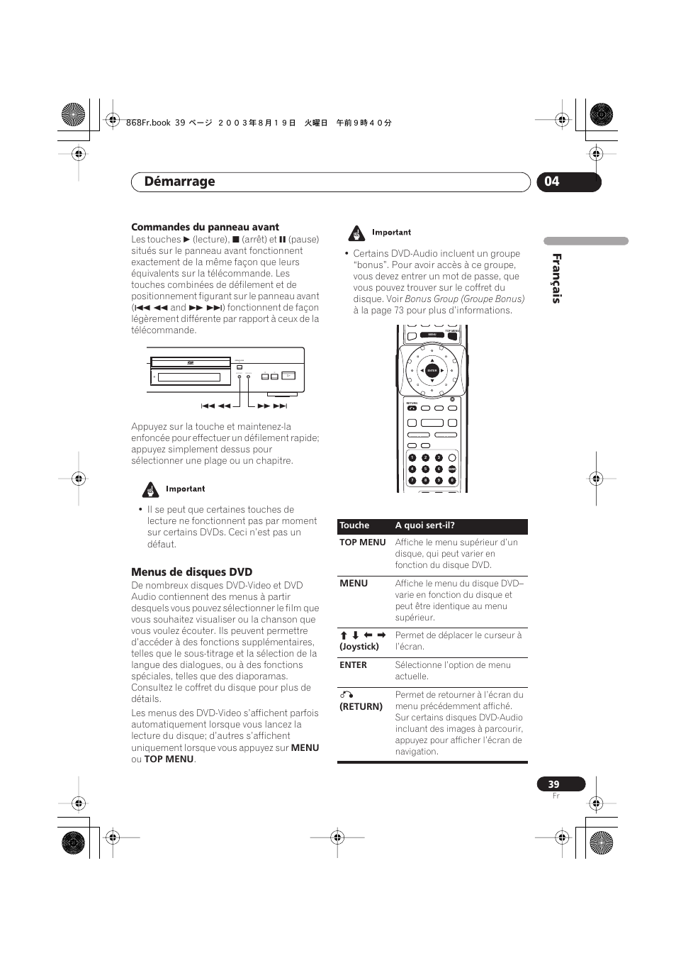 Menus de disques dvd, Démarrage 04, Français | Commandes du panneau avant, Audio/video, Open/close ) | Pioneer DV-668AV-S User Manual | Page 39 / 208