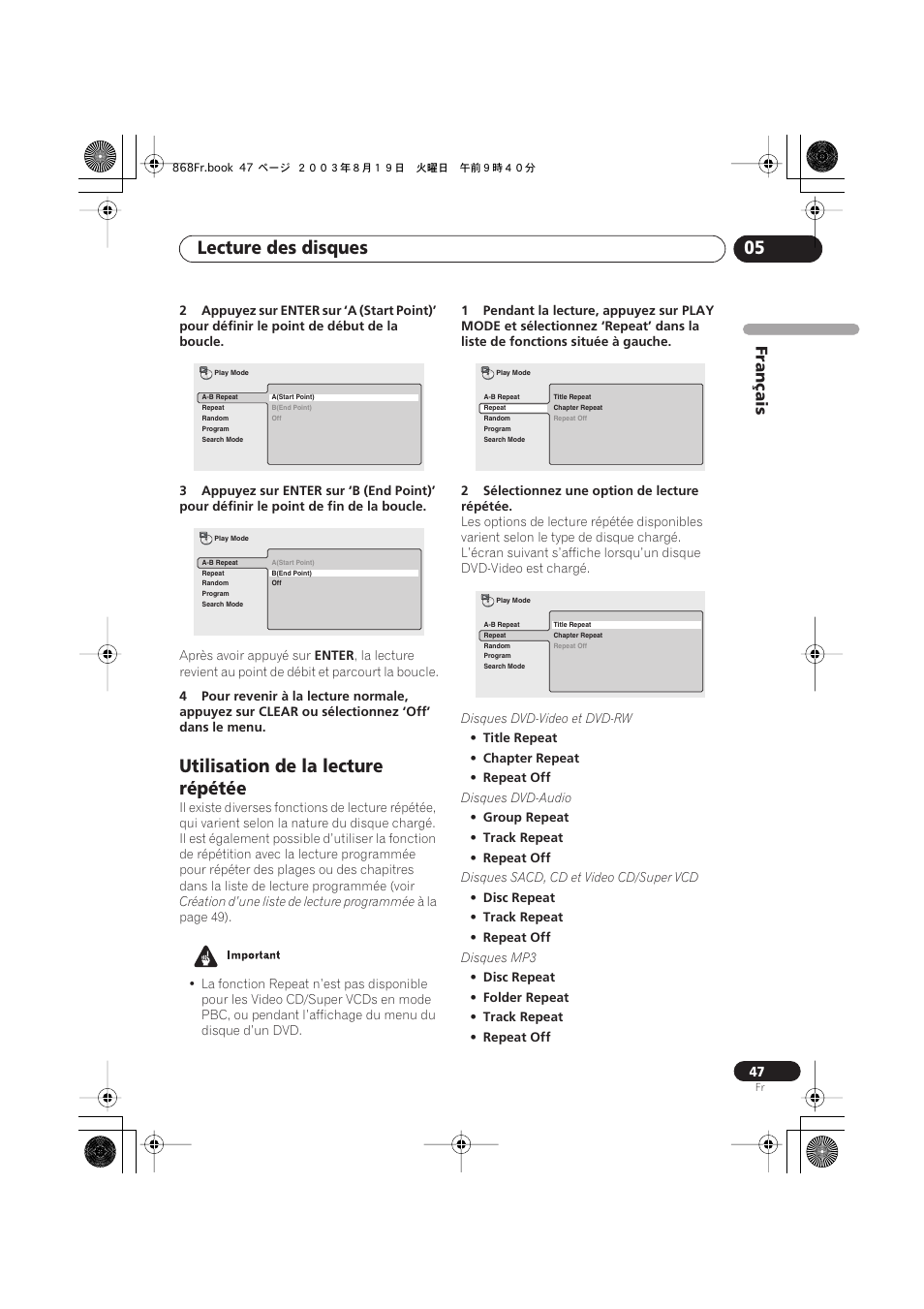 Utilisation de la lecture répétée, Lecture des disques 05, Français | Pioneer DV-668AV-S User Manual | Page 47 / 208