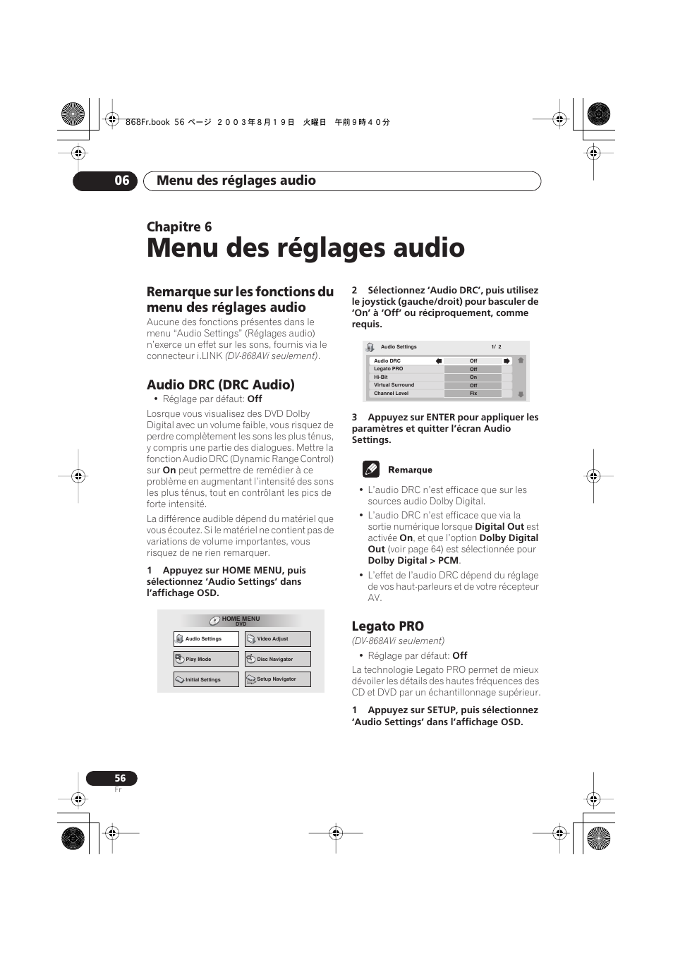 06 menu des réglages audio, Audio drc (drc audio), Legato pro | Menu des réglages audio, Menu des réglages audio 06, Chapitre 6 | Pioneer DV-668AV-S User Manual | Page 56 / 208