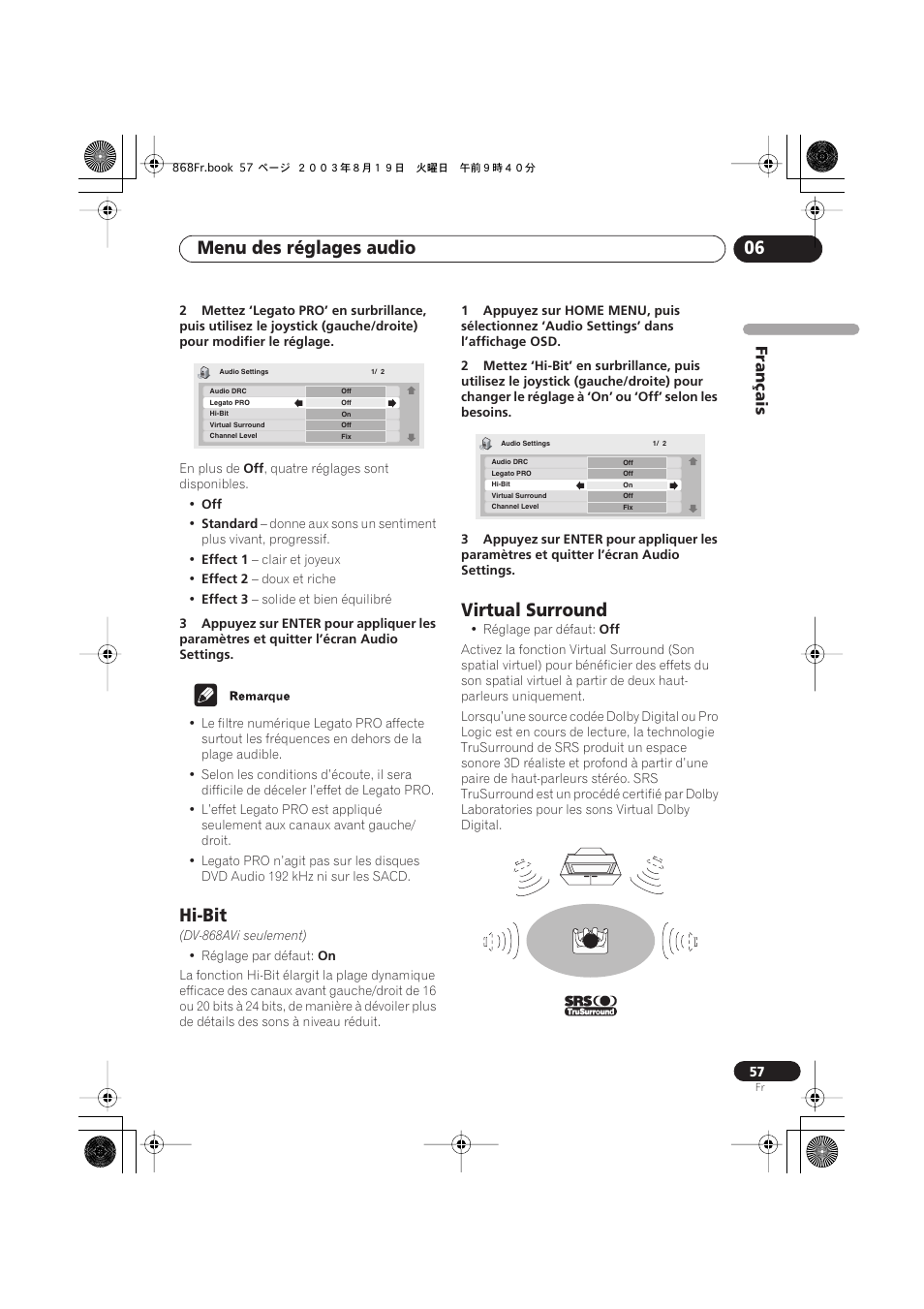 Hi-bit, Virtual surround, Menu des réglages audio 06 | Français | Pioneer DV-668AV-S User Manual | Page 57 / 208