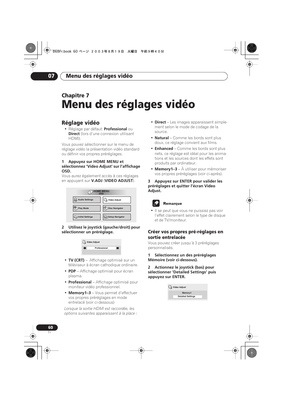 07 menu des réglages vidéo, Réglage vidéo, Menu des réglages vidéo | Menu des réglages vidéo 07, Chapitre 7 | Pioneer DV-668AV-S User Manual | Page 60 / 208