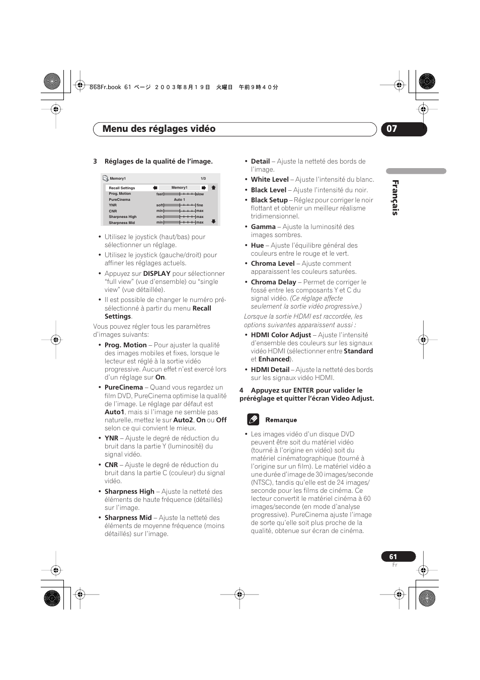 Menu des réglages vidéo 07 | Pioneer DV-668AV-S User Manual | Page 61 / 208