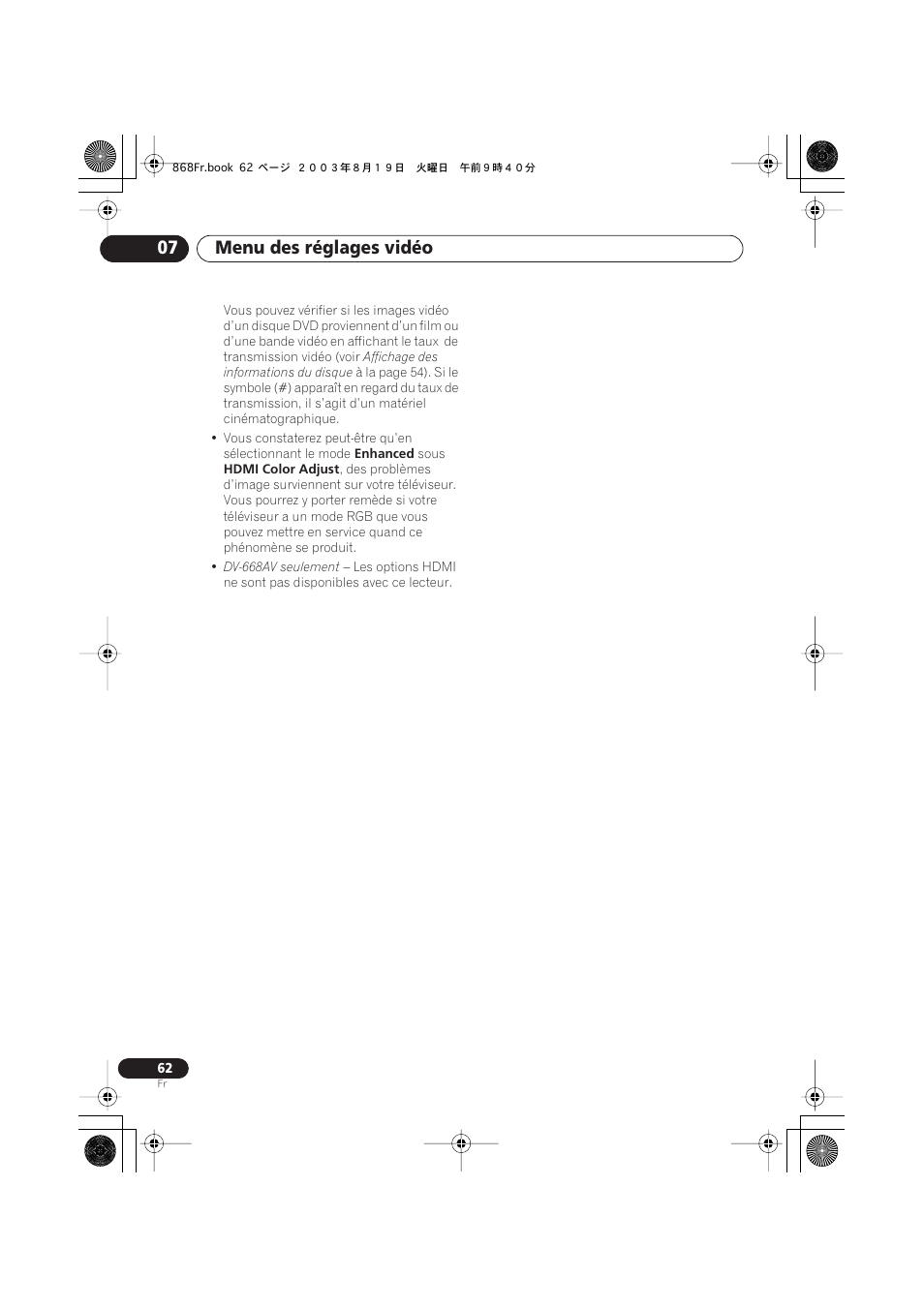 Menu des réglages vidéo 07 | Pioneer DV-668AV-S User Manual | Page 62 / 208