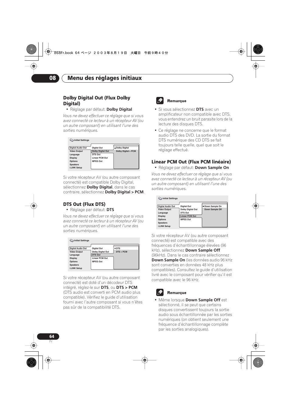 Dolby digital out (flux dolby digital), Dts out (flux dts), Linear pcm out (flux pcm linéaire) | Menu des réglages initiaux 08 | Pioneer DV-668AV-S User Manual | Page 64 / 208