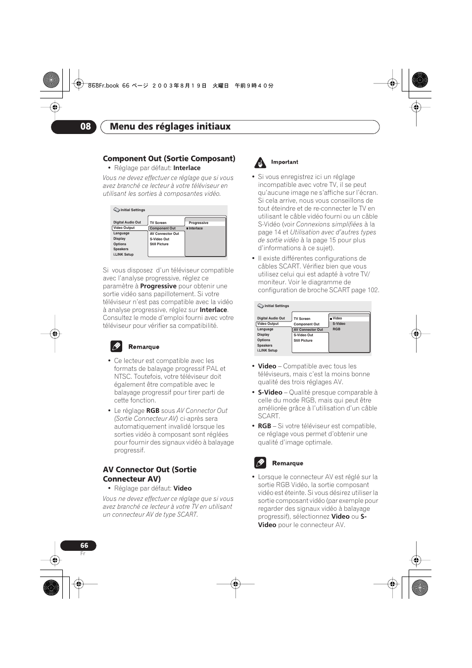 Component out (sortie composant), Av connector out (sortie connecteur av), Menu des réglages initiaux 08 | Pioneer DV-668AV-S User Manual | Page 66 / 208