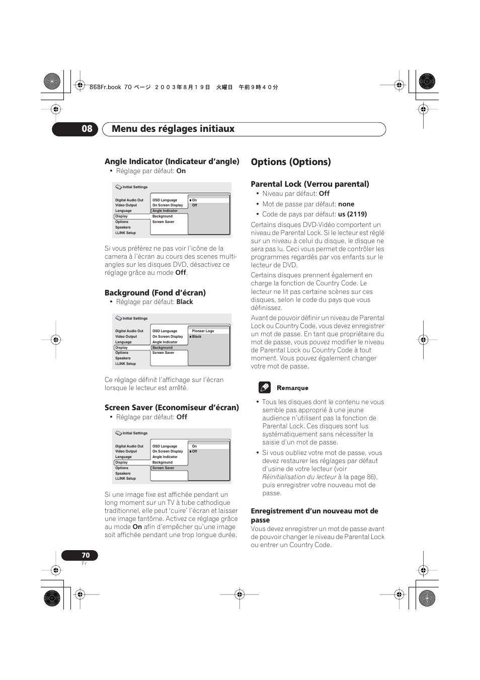 Angle indicator (indicateur d’angle), Background (fond d’écran), Screen saver (economiseur d’écran) | Options (options), Parental lock (verrou parental), Menu des réglages initiaux 08 | Pioneer DV-668AV-S User Manual | Page 70 / 208