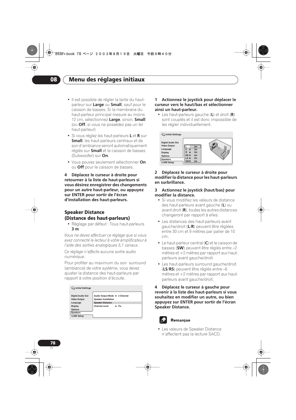 Speaker distance (distance des haut-parleurs), Menu des réglages initiaux 08 | Pioneer DV-668AV-S User Manual | Page 78 / 208