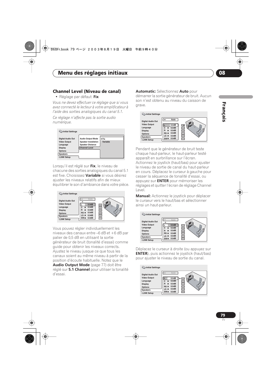Channel level (niveau de canal), Menu des réglages initiaux 08, Français | Pioneer DV-668AV-S User Manual | Page 79 / 208