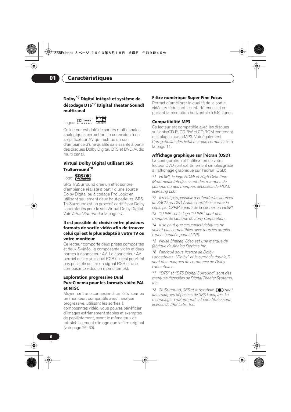 Caractéristiques 01 | Pioneer DV-668AV-S User Manual | Page 8 / 208