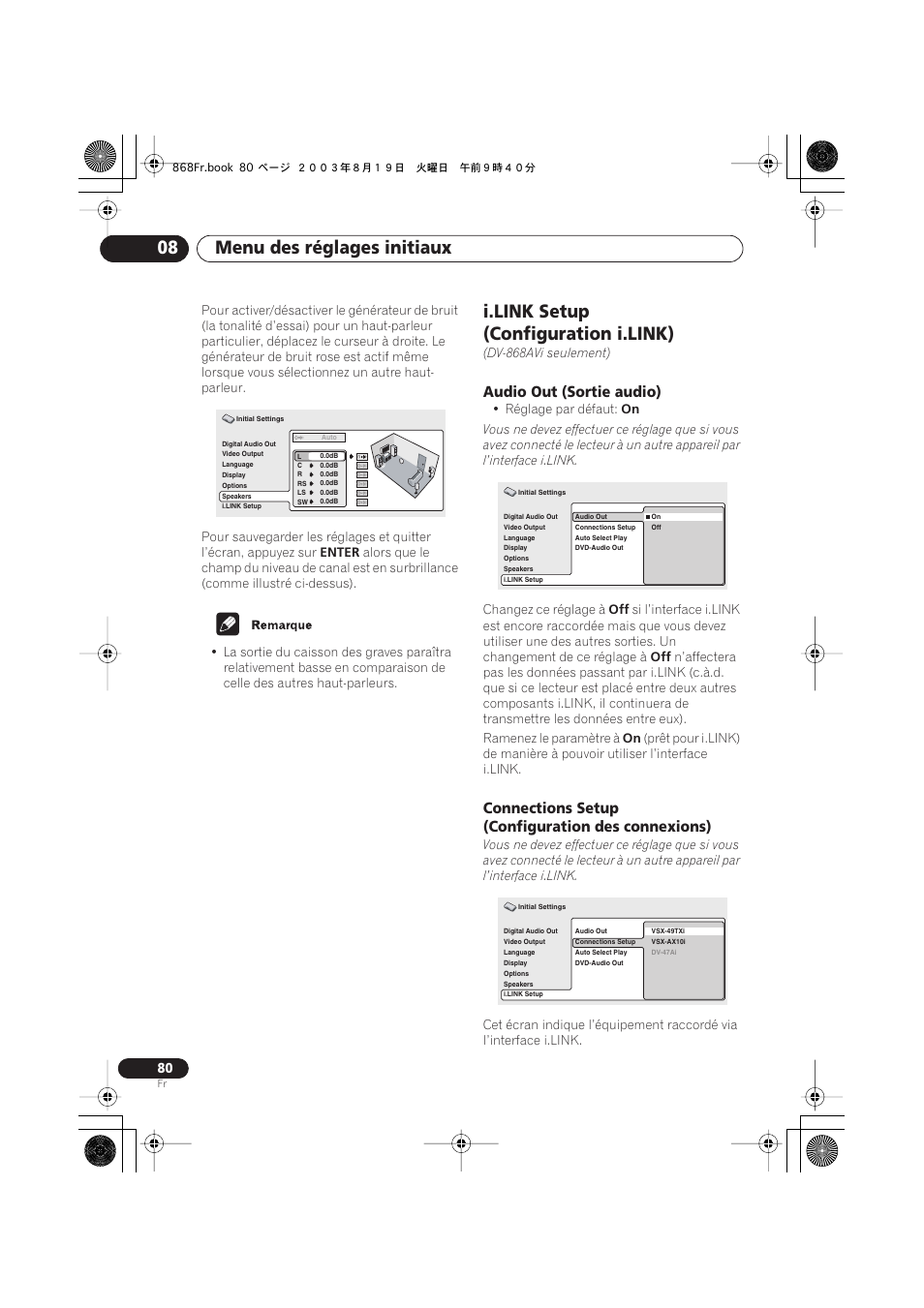 I.link setup (configuration i.link), Audio out (sortie audio), Connections setup (configuration des connexions) | Menu des réglages initiaux 08 | Pioneer DV-668AV-S User Manual | Page 80 / 208