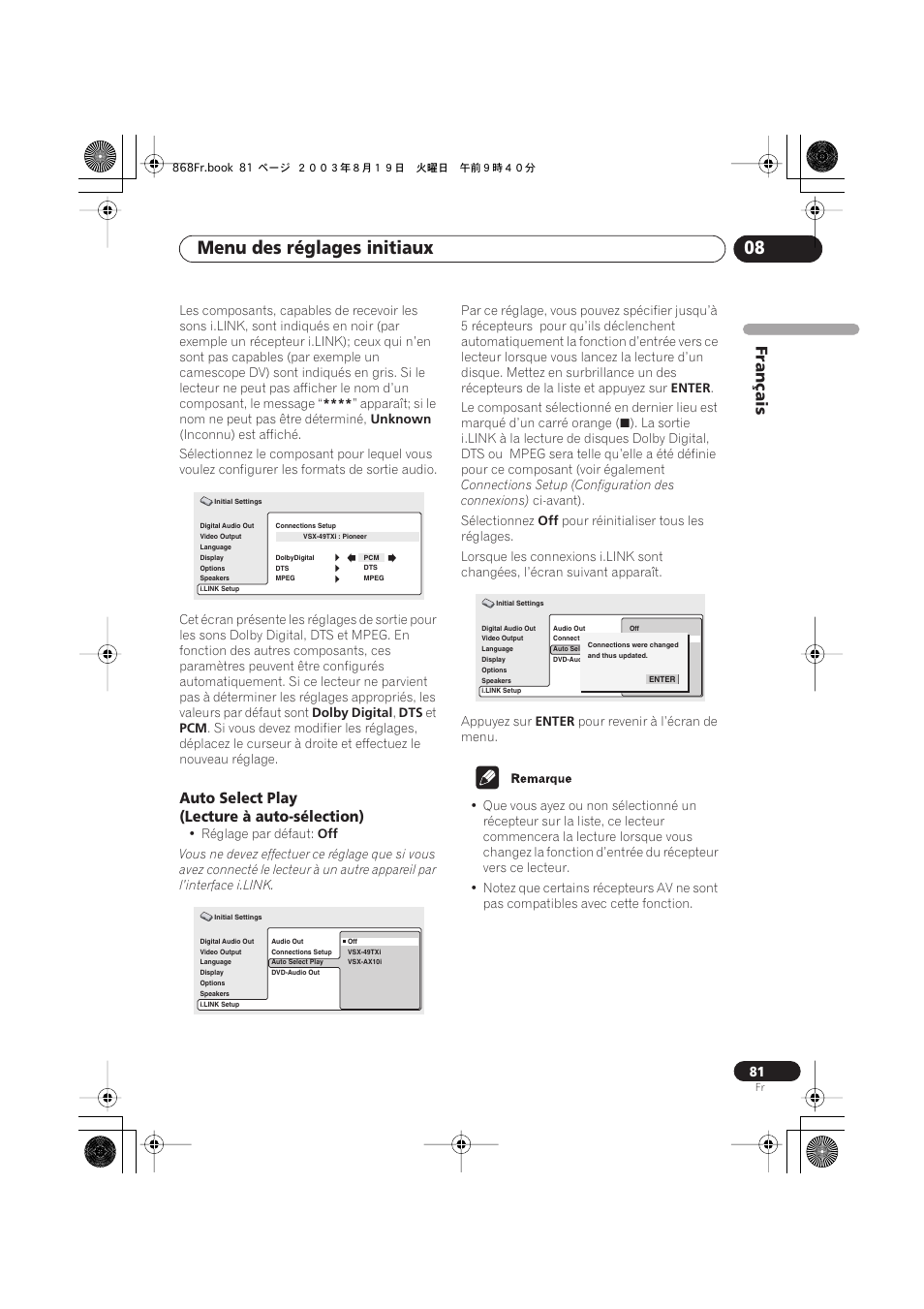 Auto select play (lecture à auto-sélection), Menu des réglages initiaux 08, Français | Pioneer DV-668AV-S User Manual | Page 81 / 208