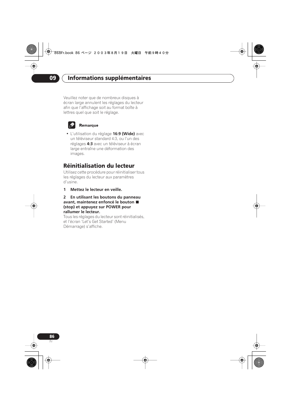 Réinitialisation du lecteur, Informations supplémentaires 09 | Pioneer DV-668AV-S User Manual | Page 86 / 208