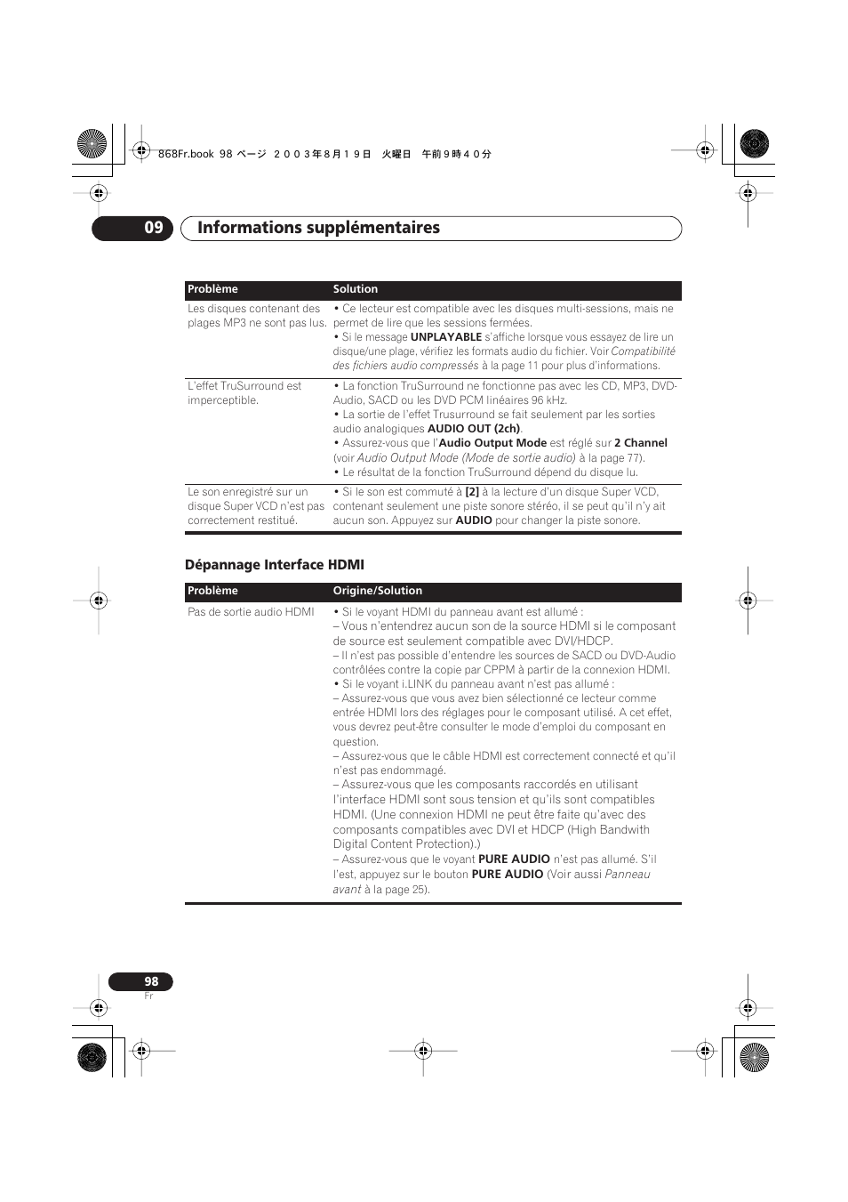 Dépannage interface hdmi, Informations supplémentaires 09 | Pioneer DV-668AV-S User Manual | Page 98 / 208