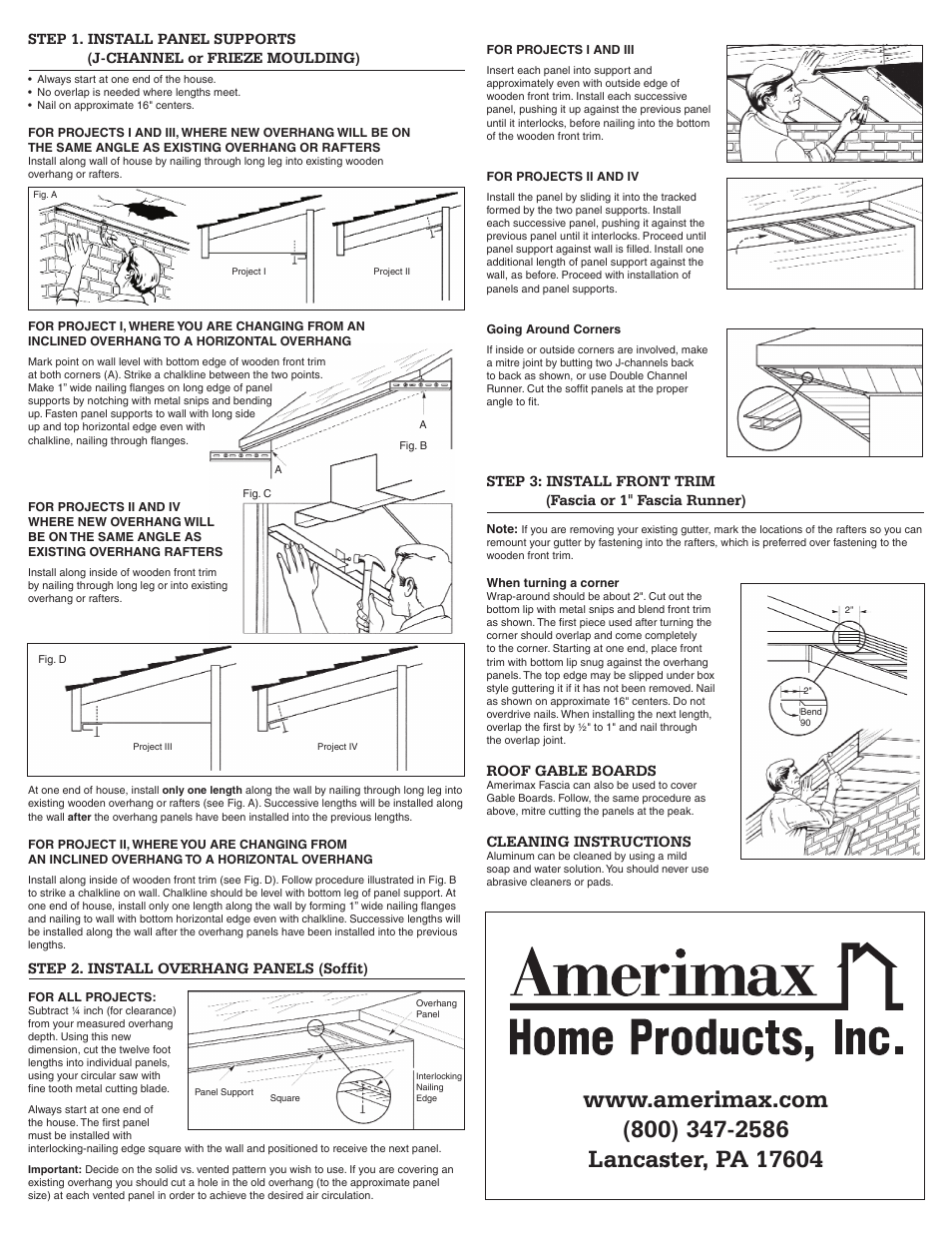 Roof gable boards, Cleaning instructions, Step 2. install overhang panels (soffit) | Amerimax Home Material User Manual | Page 2 / 2