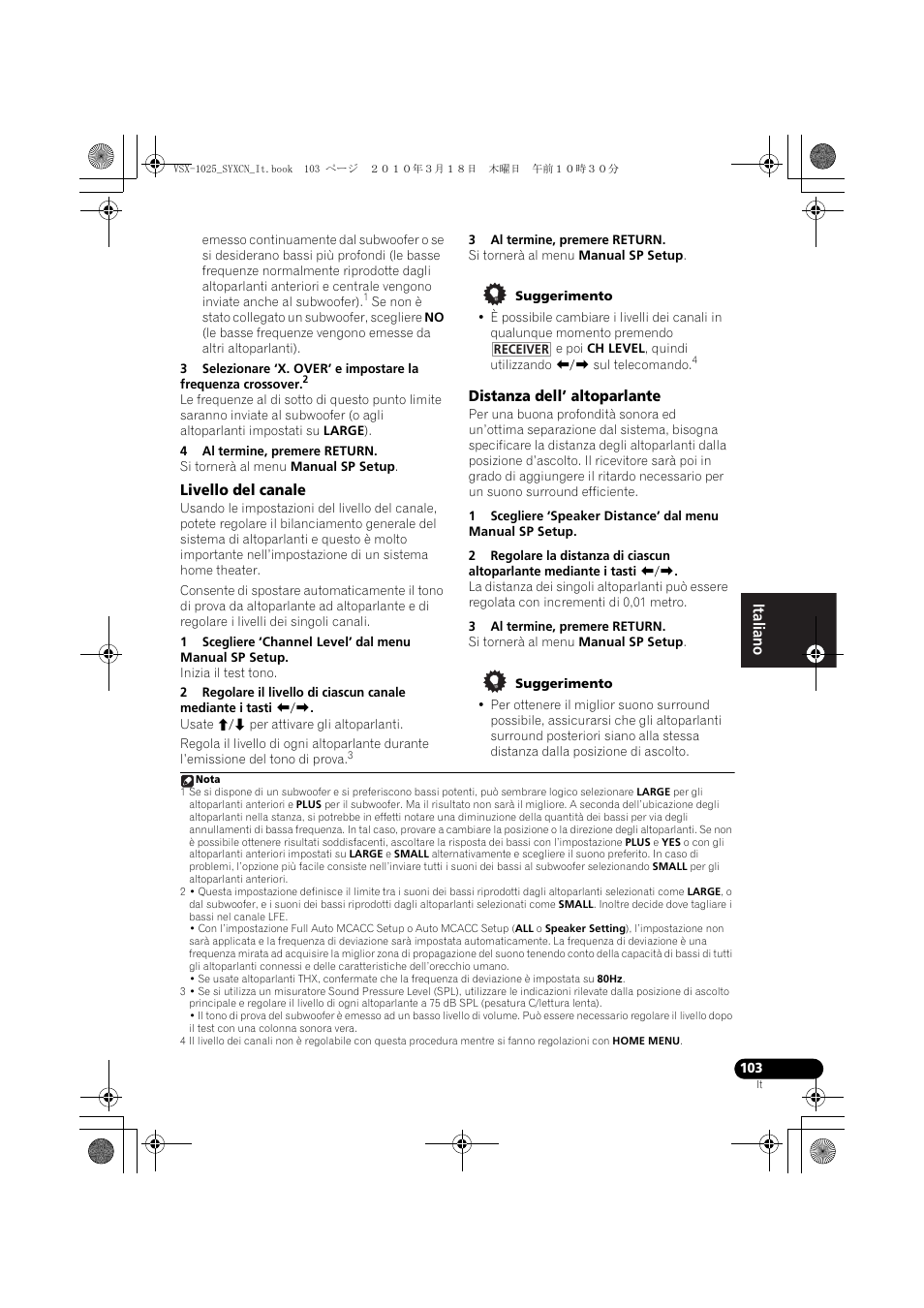 4 al termine, premere return, Livello del canale, 3 al termine, premere return | Suggerimento, Distanza dell’ altoparlante | Pioneer VSX-1020-K User Manual | Page 103 / 532