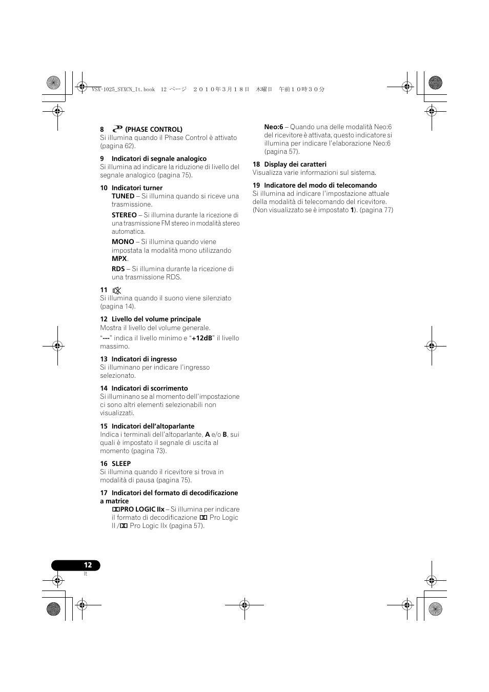 8 (phase control), 9 indicatori di segnale analogico, 10 indicatori turner | 12 livello del volume principale, 13 indicatori di ingresso, 14 indicatori di scorrimento, 15 indicatori dell’altoparlante, 16 sleep, 18 display dei caratteri, 19 indicatore del modo di telecomando | Pioneer VSX-1020-K User Manual | Page 12 / 532