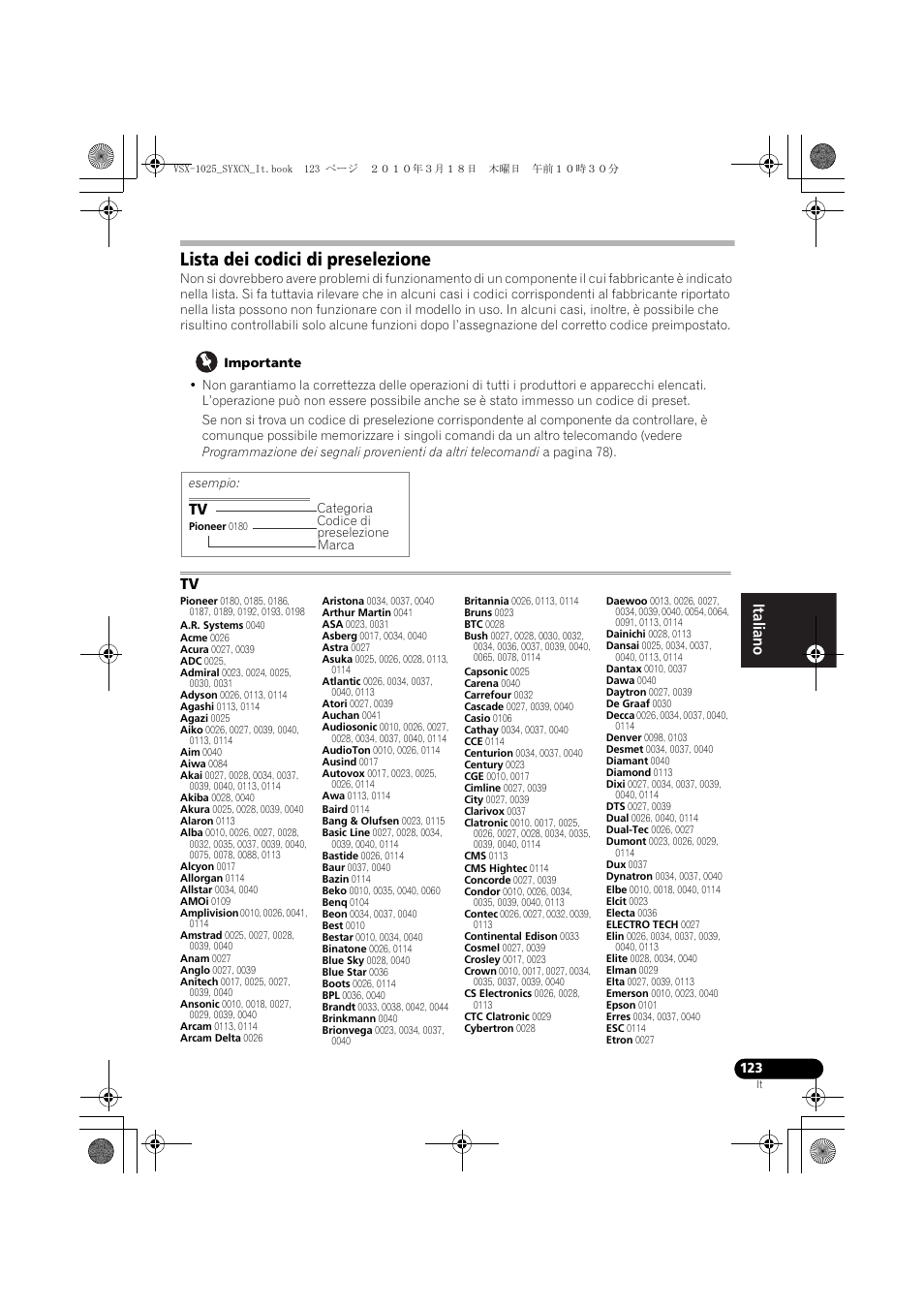 Lista dei codici di preselezione, Importante | Pioneer VSX-1020-K User Manual | Page 123 / 532