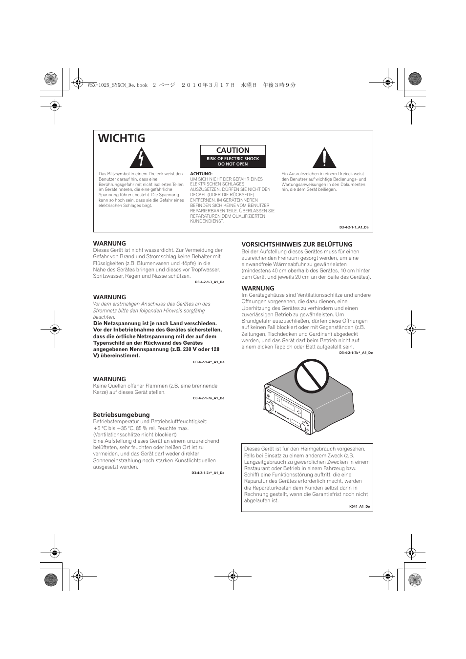 Wichtig, Caution | Pioneer VSX-1020-K User Manual | Page 134 / 532