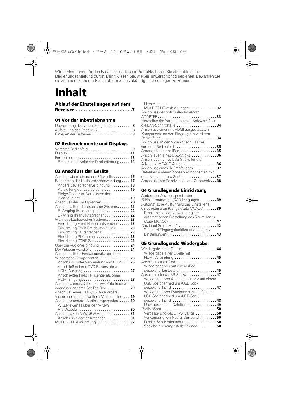 Inhalt, Audio-/video- mehrkanal-receiver, Ungsanleitung | Pioneer VSX-1020-K User Manual | Page 136 / 532