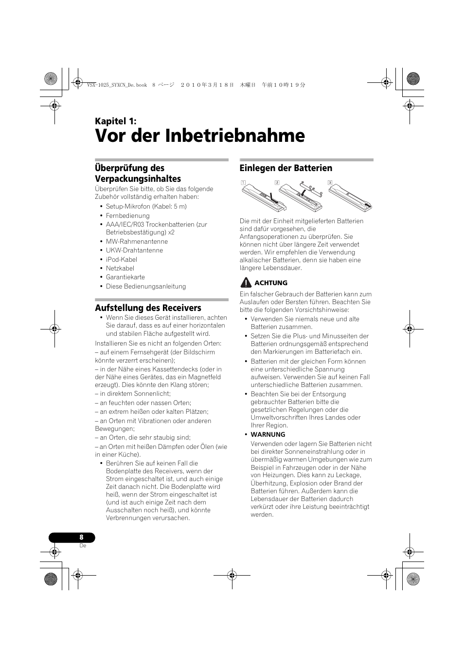 Vor der inbetriebnahme, Überprüfung des verpackungsinhaltes, Aufstellung des receivers | Einlegen der batterien, Achtung, 01 vor der inbetriebnahme, Kapitel 1 | Pioneer VSX-1020-K User Manual | Page 140 / 532