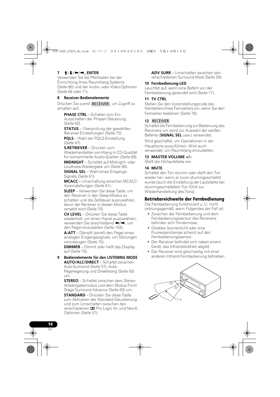 7 i/j/k/l, enter, 8 receiver-bedienelemente, 9 bedienelemente für den listening mode | 10 fernbedienung-led, 11 tv ctrl, 13 master volume, 14 mute, Betriebsreichweite der fernbedienung | Pioneer VSX-1020-K User Manual | Page 146 / 532