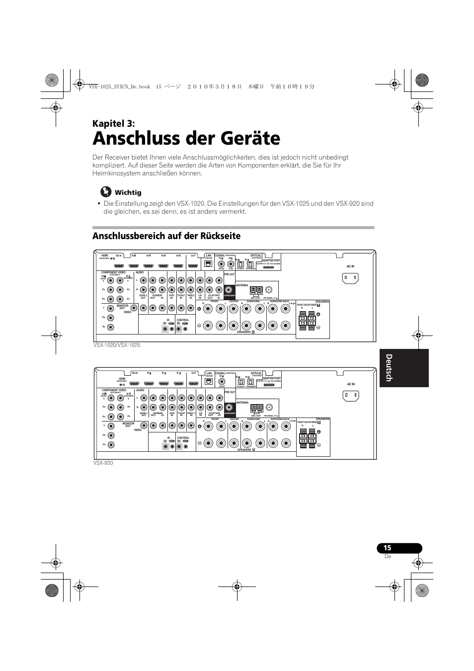 Anschluss der geräte, Wichtig, Anschlussbereich auf der rückseite | 03 anschluss der geräte, Kapitel 3 | Pioneer VSX-1020-K User Manual | Page 147 / 532