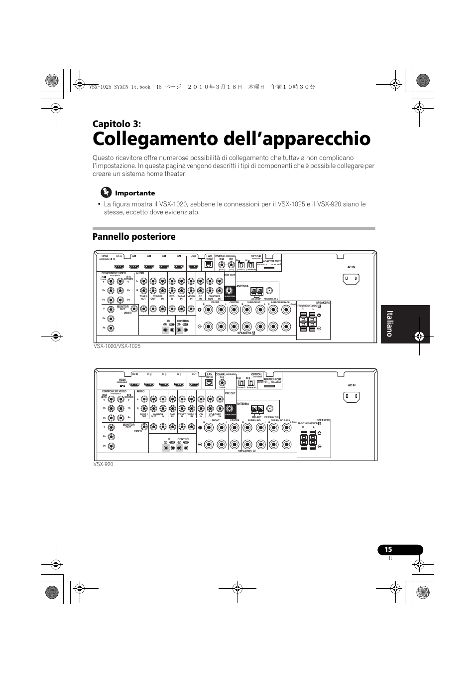 Collegamento dell’apparecchio, Importante, Pannello posteriore | 03 collegamento dell’apparecchio, Capitolo 3 | Pioneer VSX-1020-K User Manual | Page 15 / 532