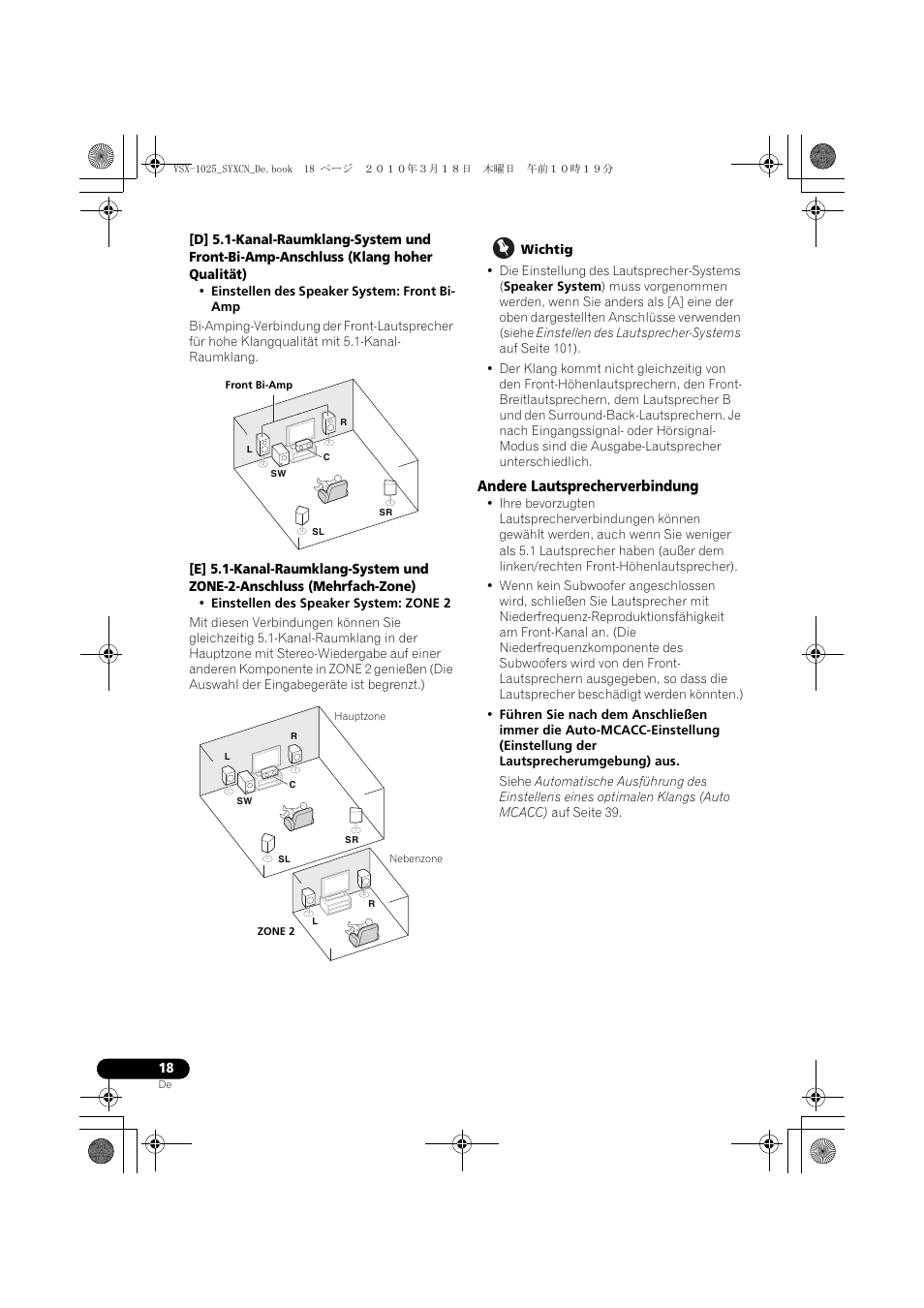Wichtig, Andere lautsprecherverbindung | Pioneer VSX-1020-K User Manual | Page 150 / 532