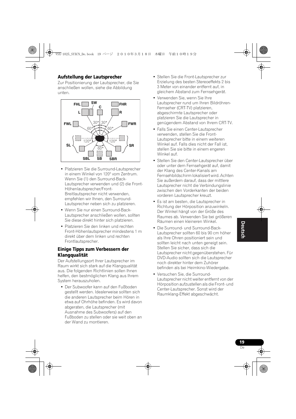 Aufstellung der lautsprecher, Einige tipps zum verbessern der klangqualität | Pioneer VSX-1020-K User Manual | Page 151 / 532