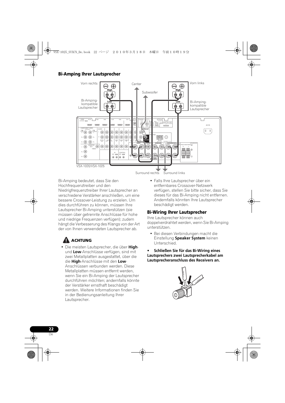 Bi-amping ihrer lautsprecher, Achtung, Bi-wiring ihrer lautsprecher | Pioneer VSX-1020-K User Manual | Page 154 / 532
