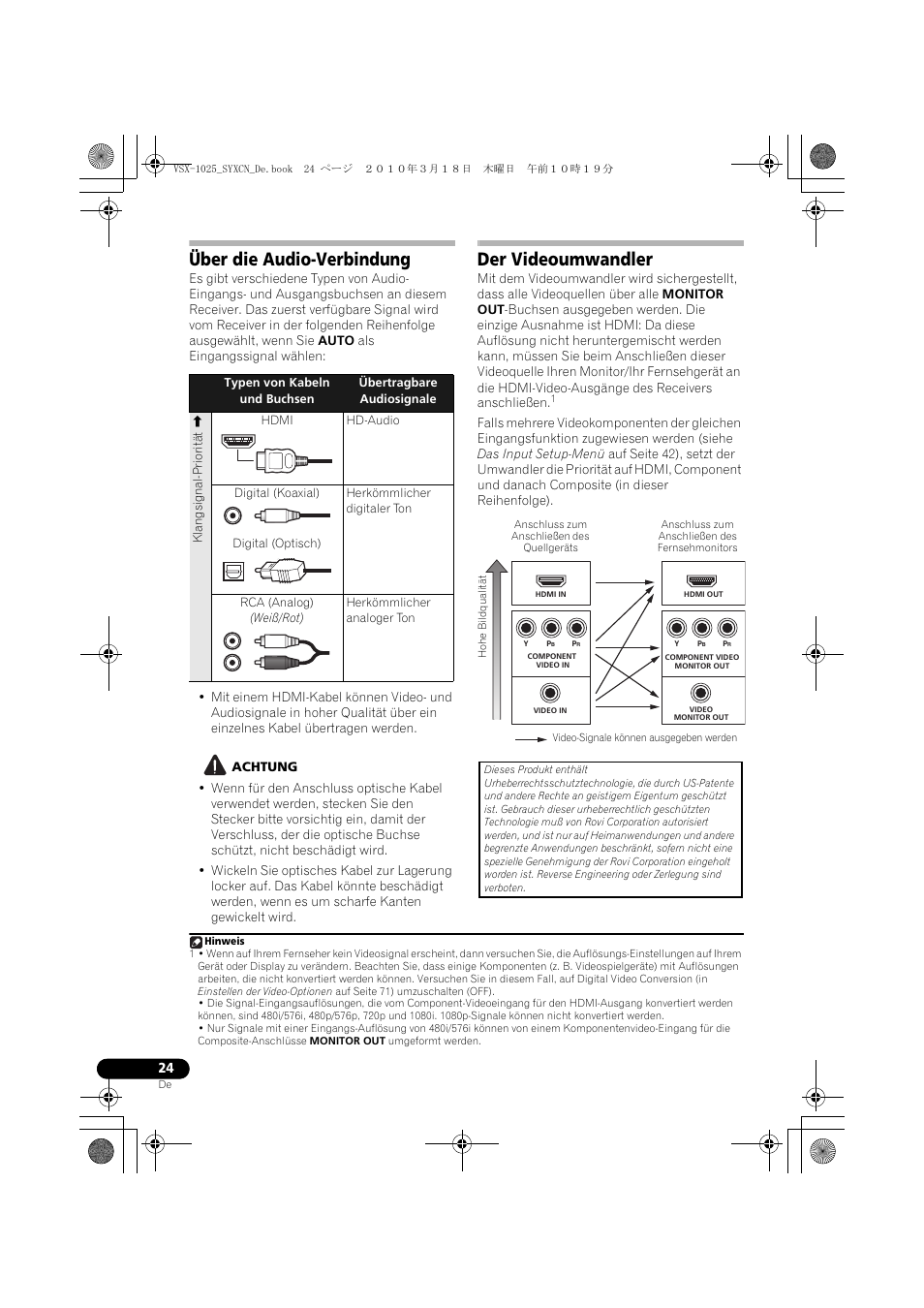 Über die audio-verbindung, Hdmi, Hd-audio | Digital (koaxial), Herkömmlicher digitaler ton, Digital (optisch), Rca (analog), Weiß/rot), Herkömmlicher analoger ton, Achtung | Pioneer VSX-1020-K User Manual | Page 156 / 532