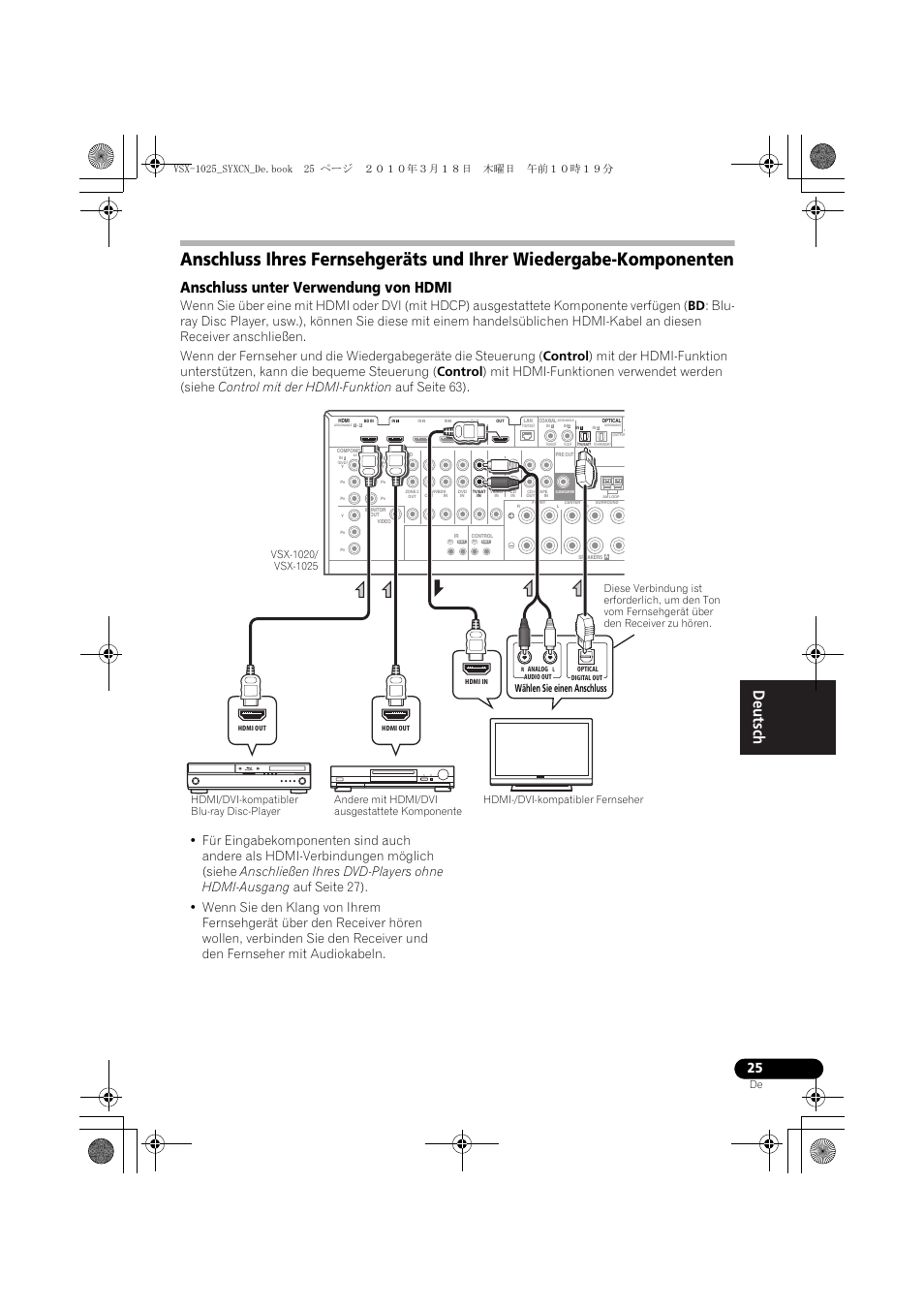 Anschluss unter verwendung von hdmi | Pioneer VSX-1020-K User Manual | Page 157 / 532