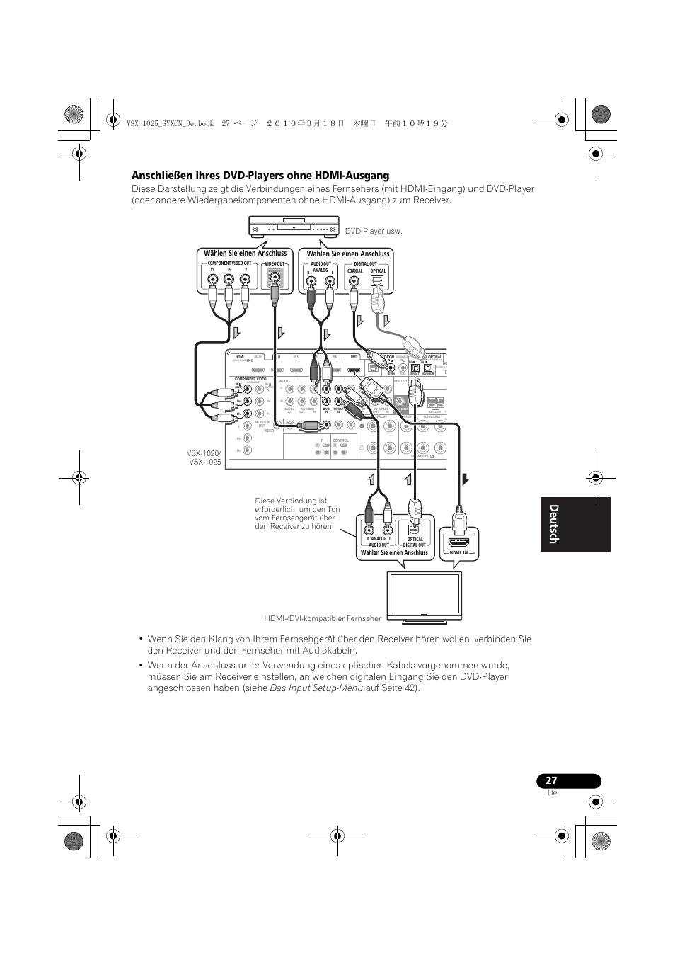 Anschließen ihres dvd-players ohne hdmi-ausgang | Pioneer VSX-1020-K User Manual | Page 159 / 532