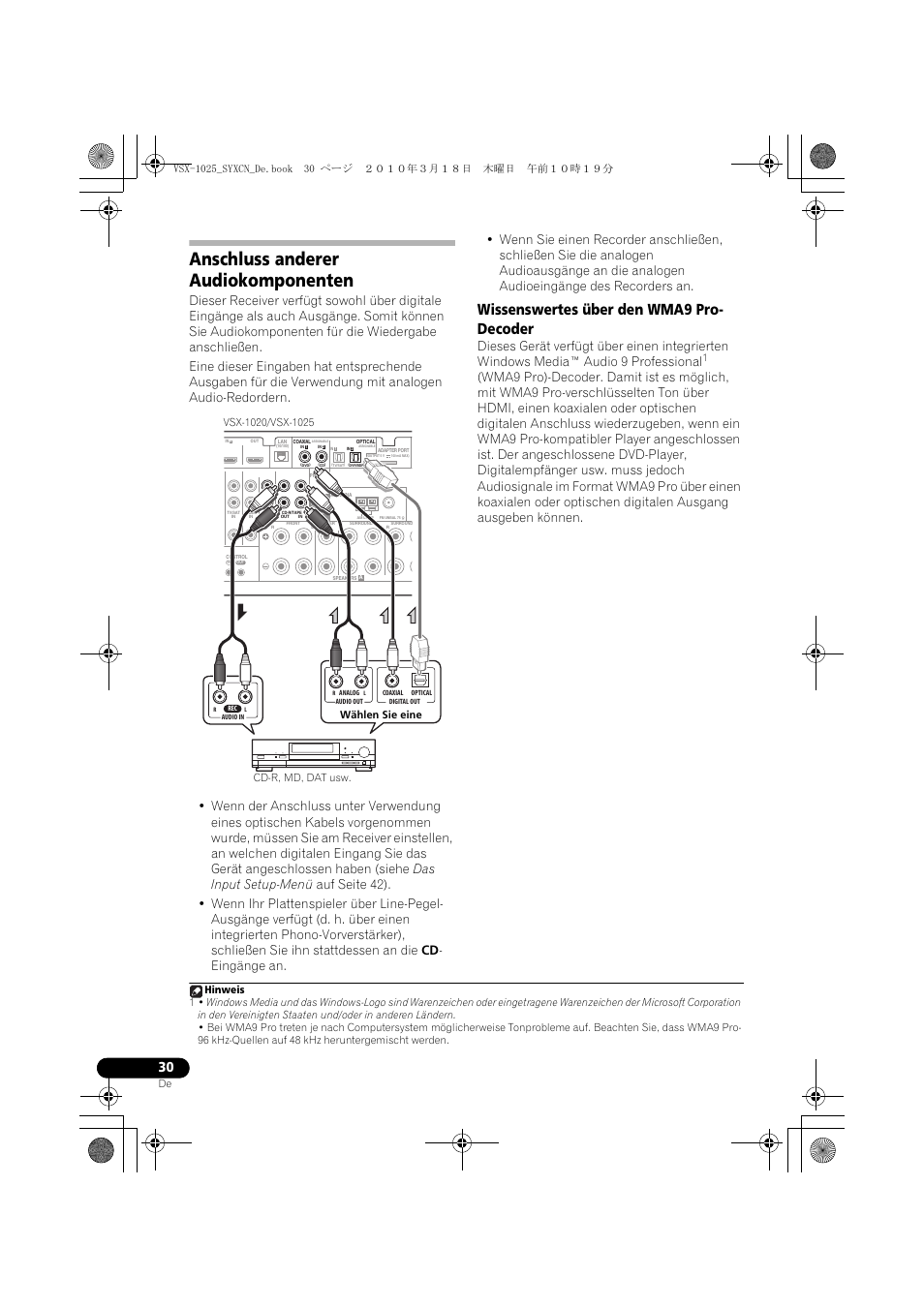 Anschluss anderer audiokomponenten, Wissenswertes über den wma9 pro- decoder, Wissenswertes über den wma9 pro-decoder | Pioneer VSX-1020-K User Manual | Page 162 / 532