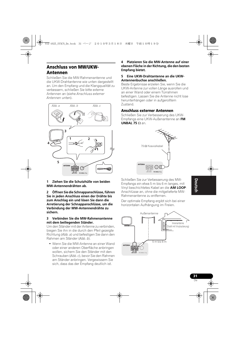 Anschluss von mw/ukw- antennen, Anschluss externer antennen, Außenantenne | Anschluss von mw/ukw-antennen | Pioneer VSX-1020-K User Manual | Page 163 / 532