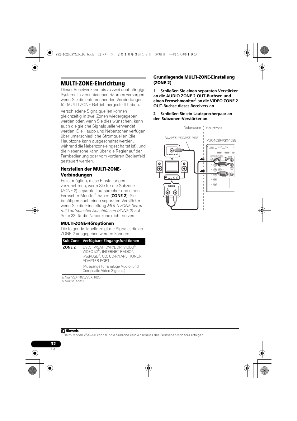 Multi-zone-einrichtung, Herstellen der multi-zone- verbindungen, Multi-zone-höroptionen | Grundlegende multi-zone-einstellung (zone 2), Herstellen der multi-zone-verbindungen, Video1/2, Internet radio, Ipod/usb | Pioneer VSX-1020-K User Manual | Page 164 / 532