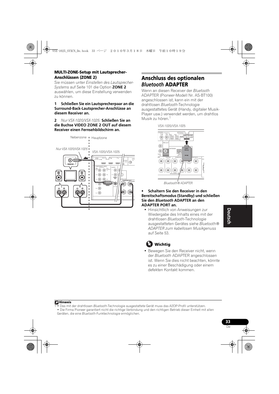 Anschluss des optionalen bluetooth adapter, Wichtig | Pioneer VSX-1020-K User Manual | Page 165 / 532