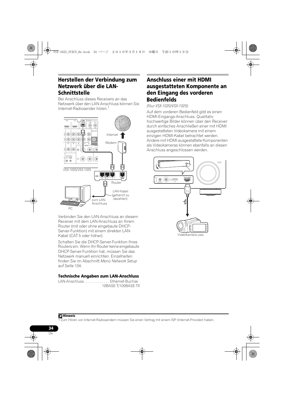 Lan-kabel, Getrennt zu bezahlen), Technische angaben zum lan-anschluss | Nur vsx-1020/vsx-1025) | Pioneer VSX-1020-K User Manual | Page 166 / 532