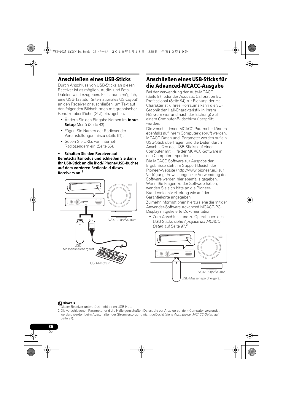 Anschließen eines usb-sticks, Usb- massenspeichergerät, Usb-massenspeichergerät | Pioneer VSX-1020-K User Manual | Page 168 / 532