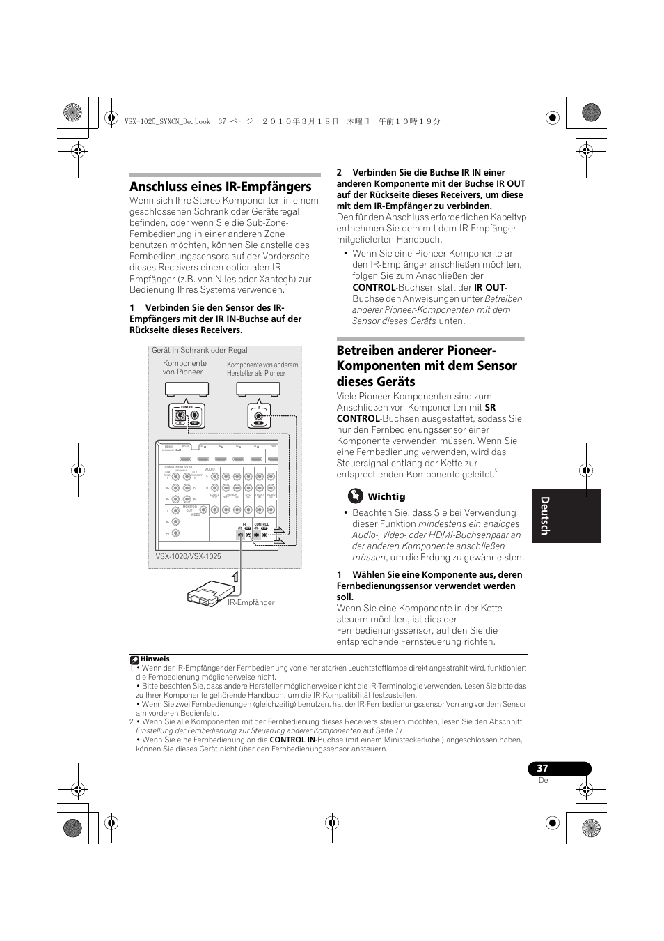 Anschluss eines ir-empfängers, Wichtig | Pioneer VSX-1020-K User Manual | Page 169 / 532