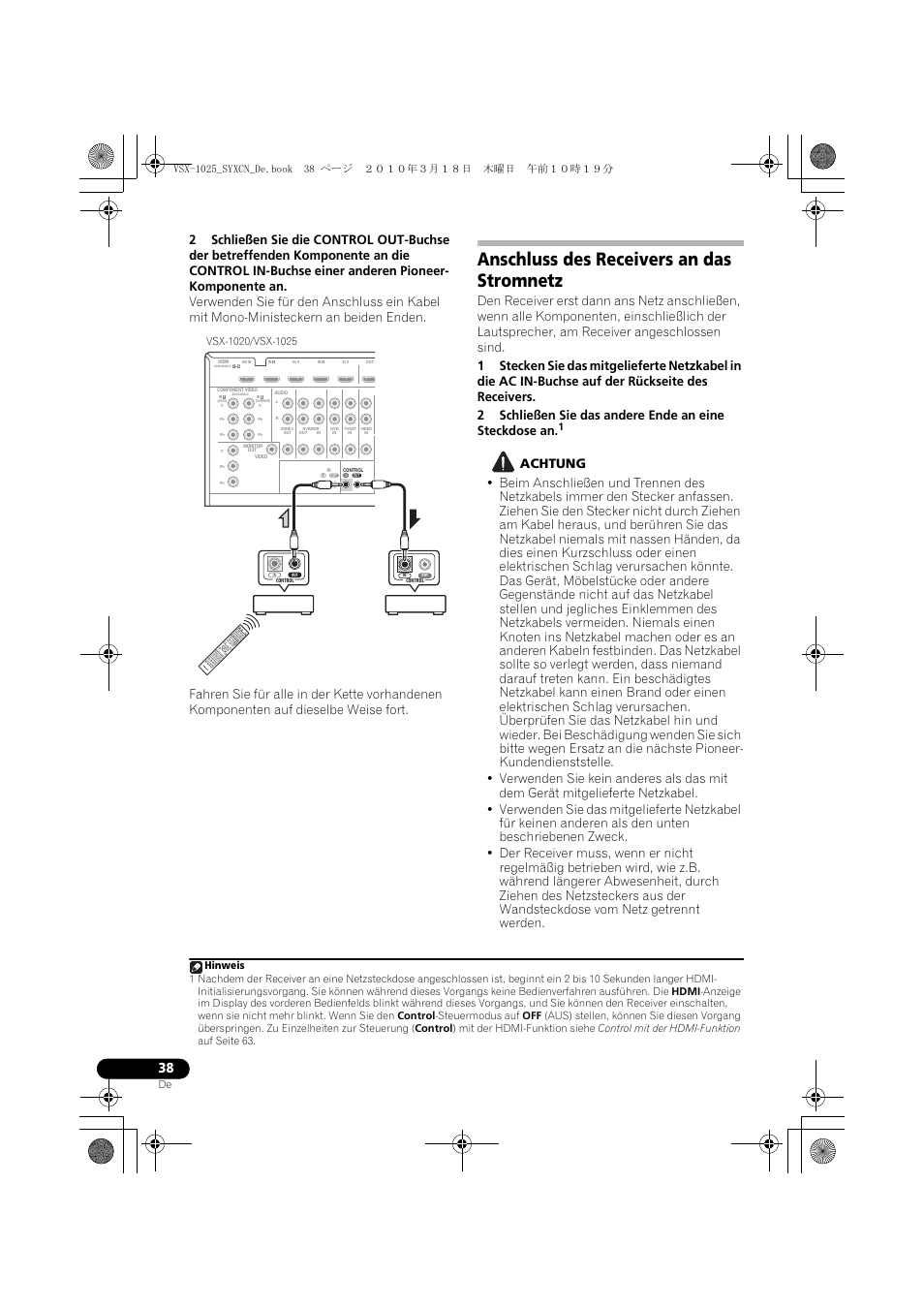 Anschluss des receivers an das stromnetz, Achtung | Pioneer VSX-1020-K User Manual | Page 170 / 532
