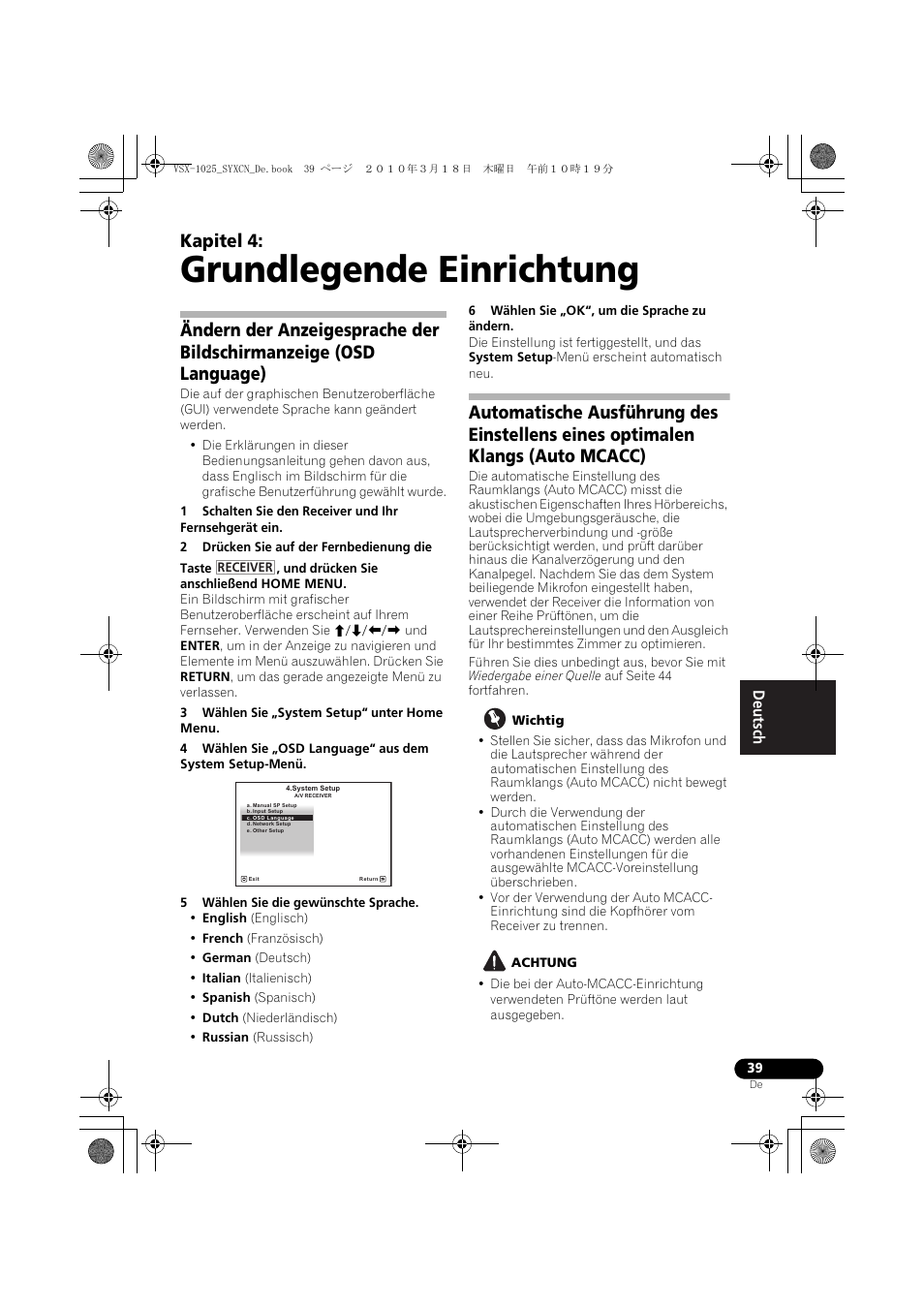 Grundlegende einrichtung, 3 wählen sie „system setup“ unter home menu, 5 wählen sie die gewünschte sprache | 6 wählen sie „ok“, um die sprache zu ändern, Wichtig, Achtung, 04 grundlegende einrichtung, Kapitel 4 | Pioneer VSX-1020-K User Manual | Page 171 / 532