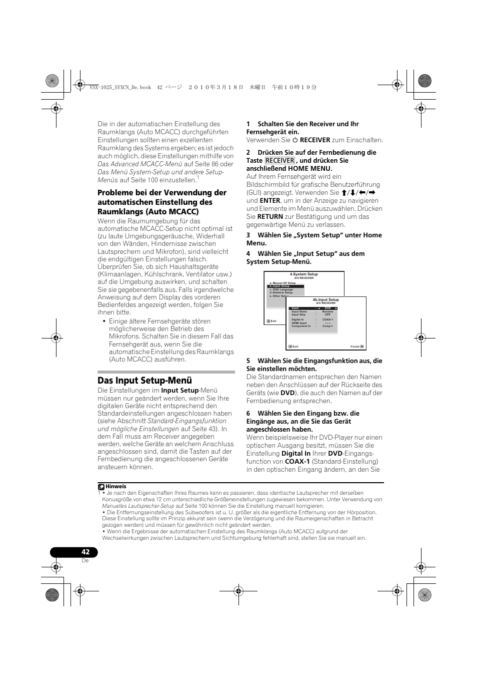Das input setup-menü, 3 wählen sie „system setup“ unter home menu | Pioneer VSX-1020-K User Manual | Page 174 / 532