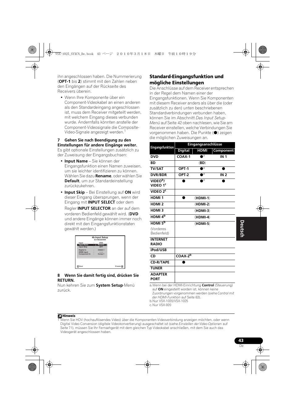 8 wenn sie damit fertig sind, drücken sie return, Coax-1, In 1 | Opt-1, Opt-2, In 2, Hdmi-1), Hdmi-2), Hdmi-3), Hdmi-4) | Pioneer VSX-1020-K User Manual | Page 175 / 532