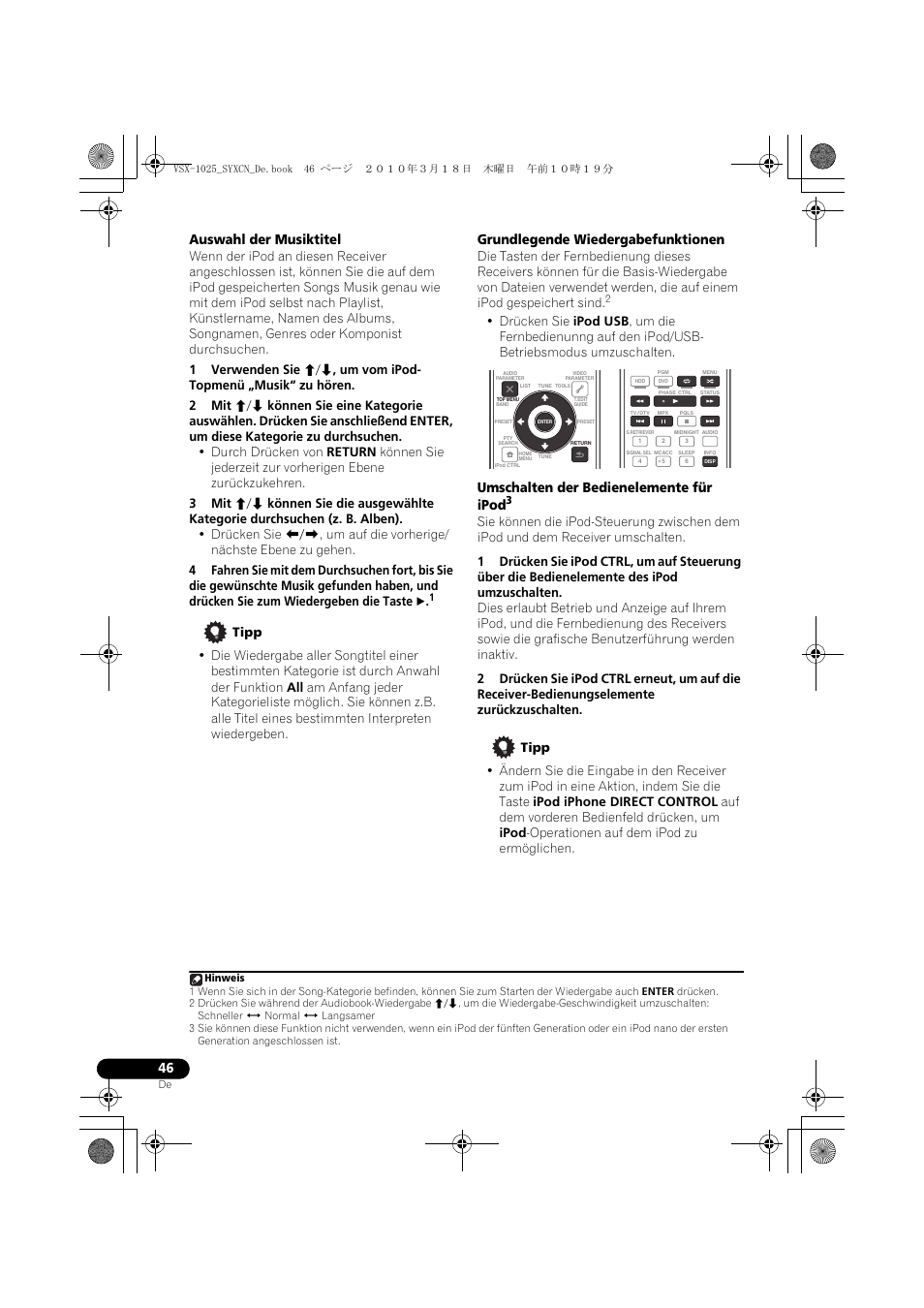 Auswahl der musiktitel, Tipp, Grundlegende wiedergabefunktionen | Umschalten der bedienelemente für ipod | Pioneer VSX-1020-K User Manual | Page 178 / 532