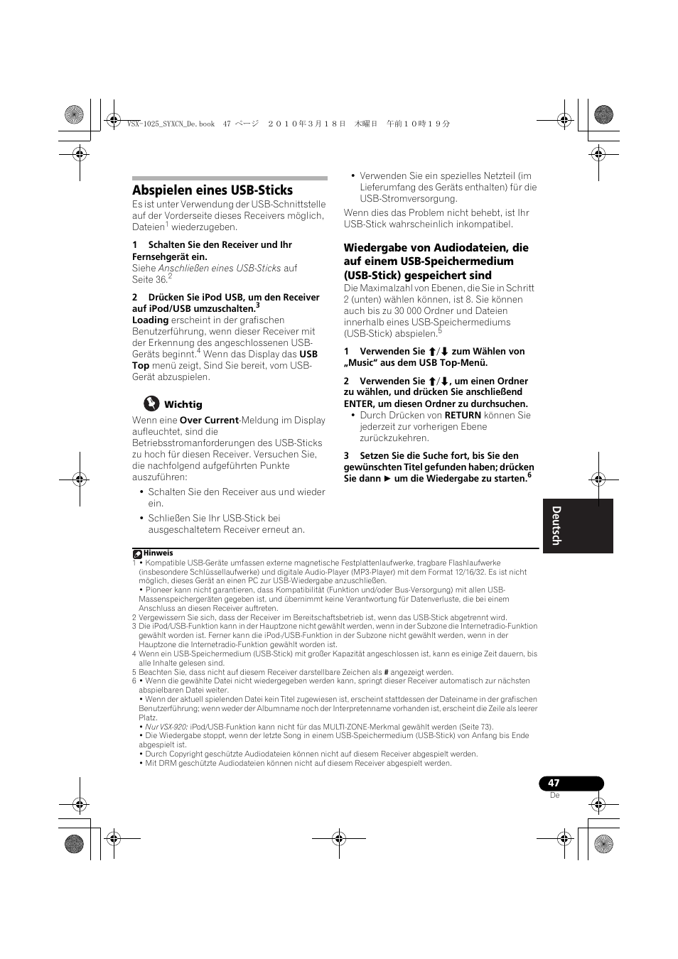 Abspielen eines usb-sticks, Wichtig | Pioneer VSX-1020-K User Manual | Page 179 / 532