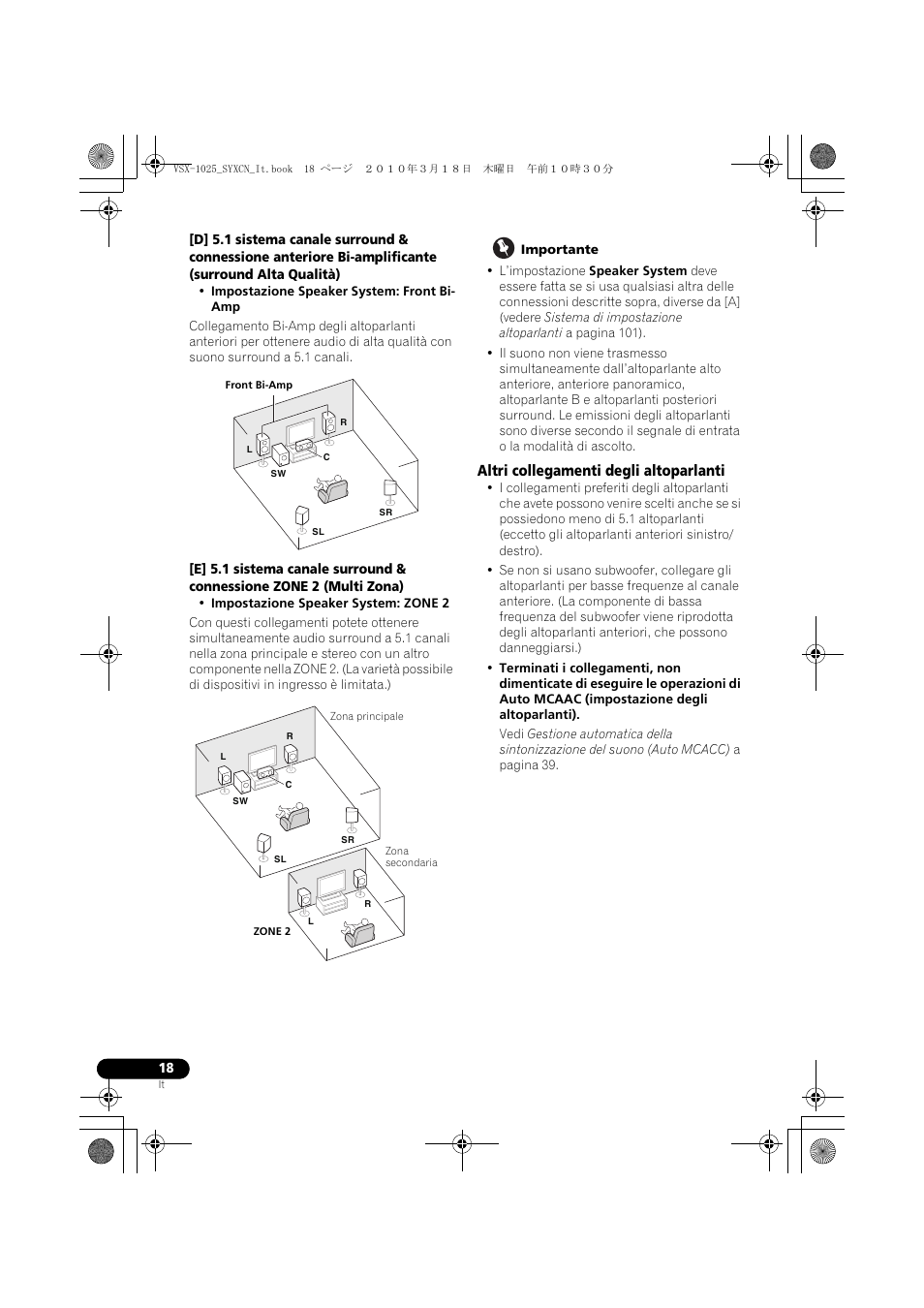 Importante, Altri collegamenti degli altoparlanti | Pioneer VSX-1020-K User Manual | Page 18 / 532